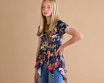 Navy Flower Boho Shirt - Navy High Low Shirt - Navy Flower Shirt - Navy Tunic Shirt