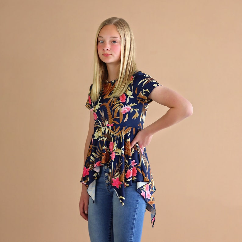 Navy Flower Boho Shirt Navy High Low Shirt Navy Flower Shirt Navy Tunic Shirt image 1