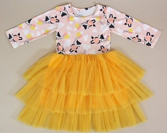 Yellow Kittens and Balloons Tutu Dress - Girls Tutu Dress - Pink and Yellow Tutu Dress - Birthday Dress - Party Dress - Cat Twirly Dress