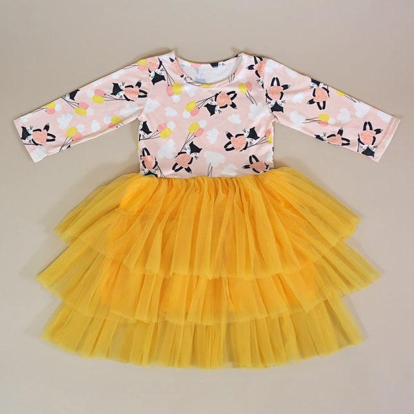 Yellow Kittens and Balloons Tutu Dress - Girls Tutu Dress - Pink and Yellow Tutu Dress - Birthday Dress - Party Dress - Cat Twirly Dress