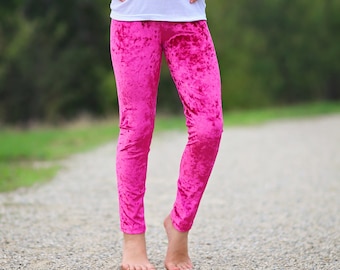 Girls Hot Pink Velvet Leggings - velvet pants, leggings, hot pink pants, pink leggings, girls leggings, basic leggings, stretch pants, pink