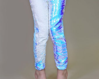 Ice Blue Reversible Sequined Pants - Flip Sequin Pants - Blue and White Sequined Pants - Magic Sequin Pants