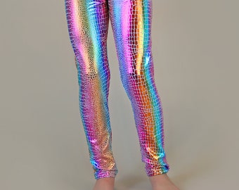 Girls Shiny Metallic Rainbow Leggings - Dino Scale Leg gings, Birthday, Cheer, Dance, gift-for-her, birthday outfit, pants