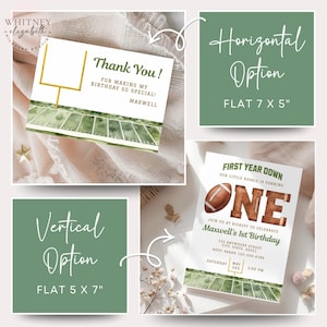 May include: A collection of football-themed birthday party invitations and thank you cards. The invitations feature a football graphic and the text "ONE". The thank you card has a football field design and the text "Thank You!"