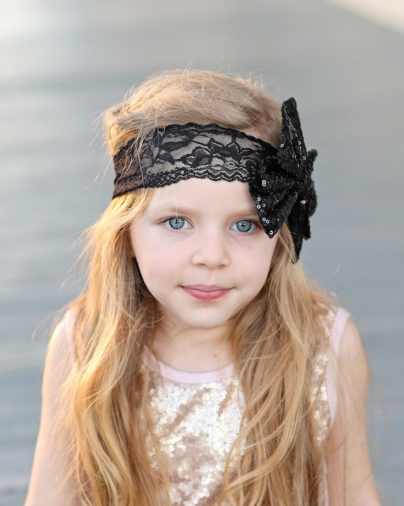 Black Sequin Bow on Lace Headband -black Sequin Headband  display picture 1