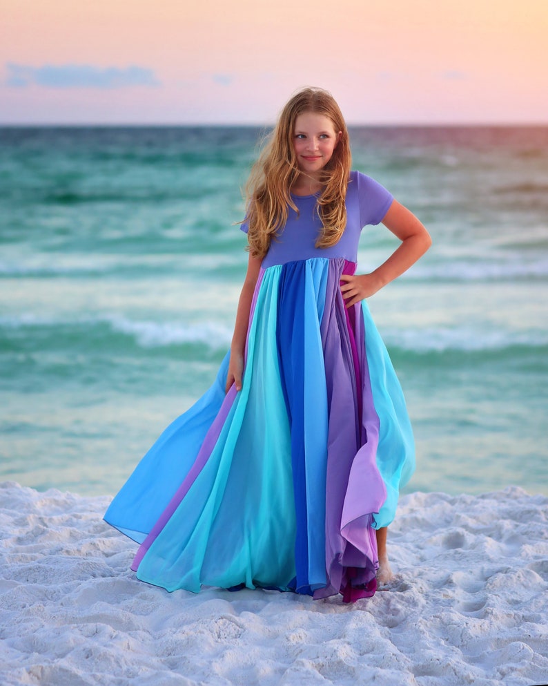 Blue Floor Length Chiffon Bohemian Junior Twirl Maxi Dress Wedding, Flower Girl, Boho Beach, Comfortable, Photoshoot, Birthday, Her Gift image 10