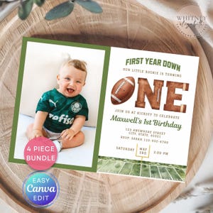 May include: A baby's first birthday invitation with a photo of the baby in a green jersey. The invitation features a football theme with the text "FIRST YEAR DOWN" and "ONE". Includes event details and a "4 PIECE BUNDLE" sticker.