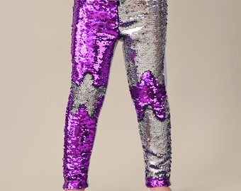 Purple and Silver Reversible Sequined Pants - Flip Sequin Pants - Purple and Silver Flip Sequined Pants