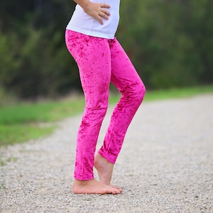 Girls Hot Pink Velvet Leggings - velvet pants, leggings, hot pink pants, pink leggings, girls leggings, basic leggings, stretch pants, pink