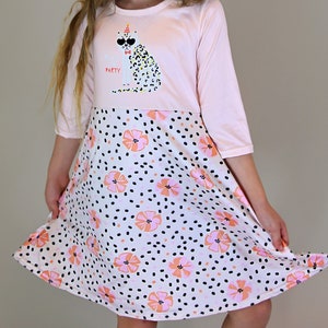A-Line Dress - Girls Dress - Twirly Dress - Birthday Dress - Party Dress - Pink and Yellow Kitten Floral Dress