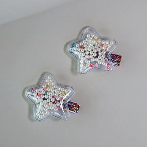 Star White Pearl Shaker Hair Clip Pair - Confetti Hair Clips - Rainbow Hair Clips - Clear Shaker Hair Clips - Pigtail Clips