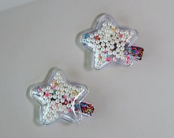 Star White Pearl Shaker Hair Clip Pair - Confetti Hair Clips - Rainbow Hair Clips - Clear Shaker Hair Clips - Pigtail Clips