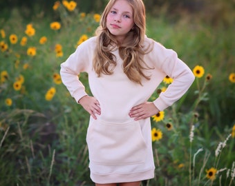 Girls Cream Hoodie Dress - off white dress, beige hoodie, hoodie dress, cream fall dress, basic hoodie dress, sweatshirt dress, jersey dress