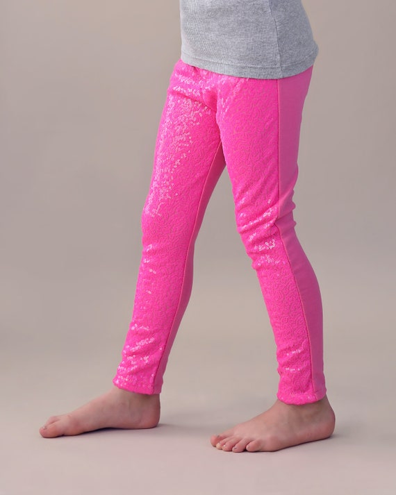 Girls Neon Pink Sequin Shiny Leg Gings Kids Girls, Birthday, Dance