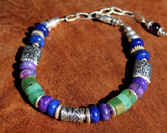 Semi-Precious Gem Stone Beaded Bracelet/African Trade Beads/Sterling Clasp &Chain/Ajustable/Handmade/OOAK