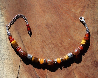 Gemstone Statement Bracelet/Handmade,Tiger's Eye,Carnelian,Sterling Silver,Faceted  Beads,Jade Beads,Sterling Chain, Tibetan Stone Beads