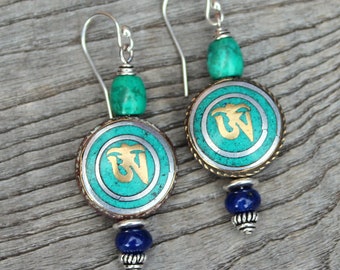 Antique Tibetan Bead Earrings/Lapis Inlay/Nevada Turquoise/Lapis/Handmade/Sterling Silver/Ethnic/Tribal/Bohemian jewelry