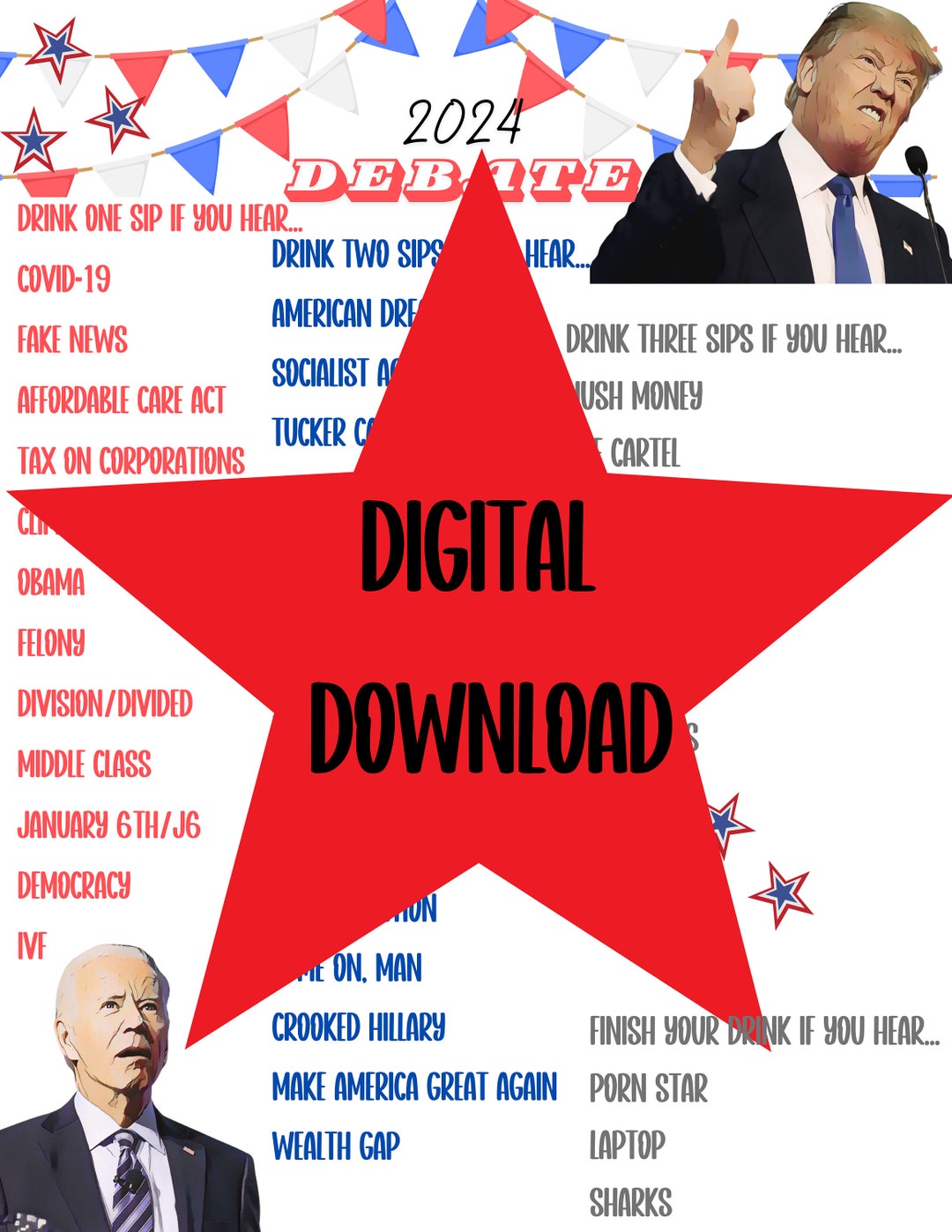 2024 Presidential Debate Printable BINGO Pack of 25 Drinking Game