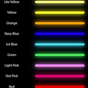 May include: A chart showing different colors of light, including warm white, cool white, lite yellow, yellow, orange, navy blue, ice blue, green, light pink, hot pink, red, teal, and RGB.