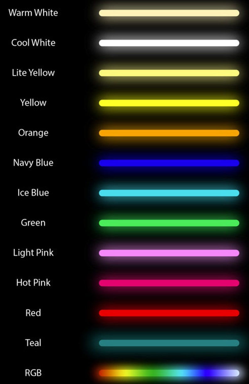 May include: A chart showing different colors of light, including warm white, cool white, lite yellow, yellow, orange, navy blue, ice blue, green, light pink, hot pink, red, teal, and RGB.