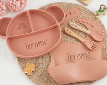 Set de sevrage en silicone personnalisé, Set de sevrage dessin animé pour tout-petits, Set de nourriture avec nom, Assiette pour bébé, Bavoir en silicone gravé