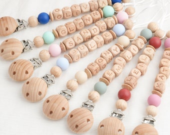 Custom Baby shower Gift,Personalized Pacifier Clip,Pastel Babygirl Binky Holder,Wooden Babyboy Dummy Chain,Newborn Gift,Wooden Pacifier Clip