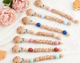 Personalized Pacifier Clip,Custom Baby shower Gift,Pastel Babygirl Binky Holder,Wooden Babyboy Dummy Chain,Newborn Gift,Wooden Pacifier Clip