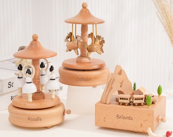 Carillon in legno personalizzato fatto a mano, giostra musicale, ricordo della giostra musicale della ballerina in legno, regalo per bambini, regali di compleanno per neonati