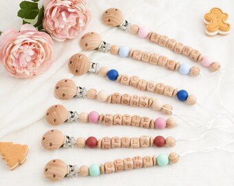 Personalized Pacifier Clip,Custom Baby shower Gift,Pastel Babygirl Binky Holder,Wooden Babyboy Dummy Chain,Newborn Gift,Wooden Pacifier Clip