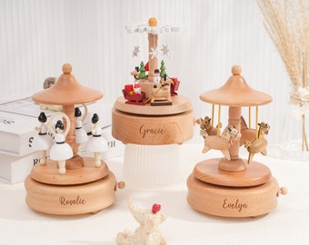 Gepersonaliseerde houten handgemaakte muziekdoos, muzikale carrousel, baby shower cadeau pasgeboren, gegraveerde naam muziekdoos, muzikale houten ballerina, kindercadeau