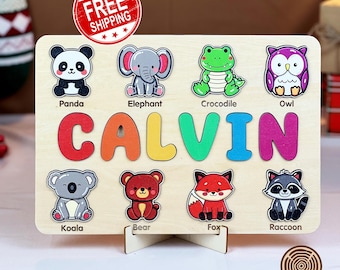 Personalized Name Puzzle: Montessori Wooden Toy with Animals