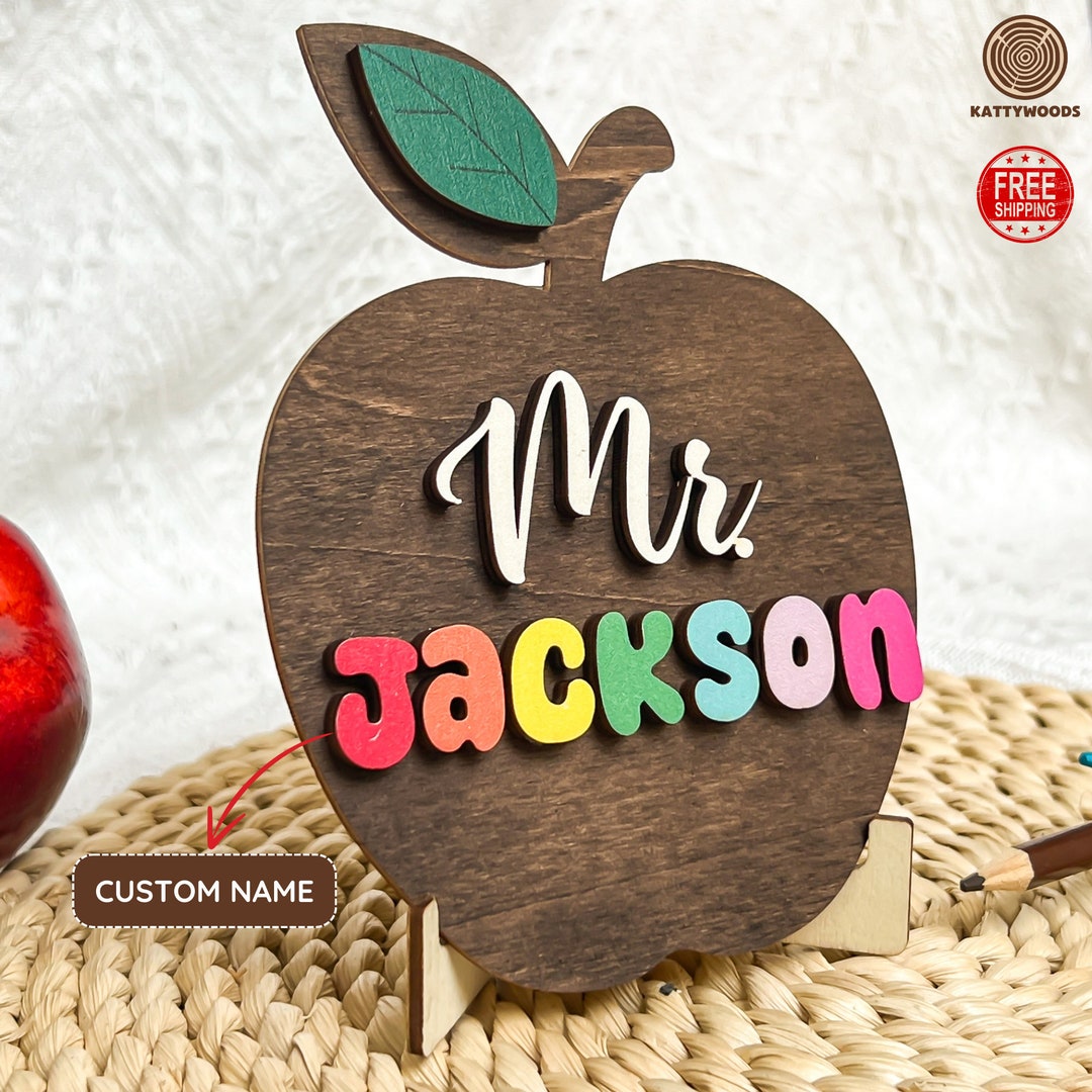 Personalized Teacher Apple Desk Name Plate: Rainbow Letters, Walnut ...