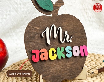 Personalized Teacher Apple Desk Name Plate: Rainbow Letters, Walnut Wood