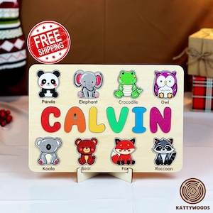 Personalized Name Puzzle with Animals, Custom Baby Girl and Boy Birthday Gift, Baby Pink Toddlers Christmas Gift, Unique Baby Baptism Gifts