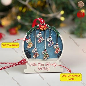 Customized Family Name Stocking Ornament, Wooden Family Christmas Ornament, Personalized Ornament Family Name, Christmas Stocking Ornament