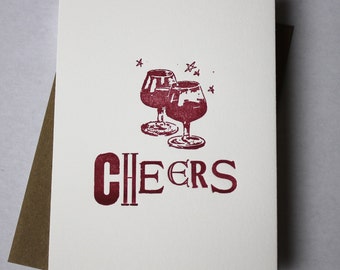 Cheers Letterpress Card - Vintage type with Found Drink Block ~ FREE shipping in US