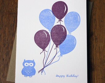 Alles Gute zum Geburtstag Buchdruck-Karte - blau und lila Luftballons Eule - handgefertigt - kostenloser Versand innerhalb der USA