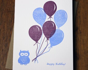 Happy Birthday Letterpress card - Blue and Purple Balloons Owl ~ Handmade ~ FREE shipping within the US ~