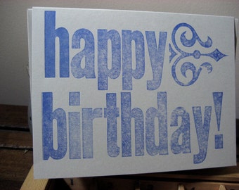 Happy Birthday Block Art Deco Letterpress Card -blue ~ Handmade ~ FREE shipping within the US ~