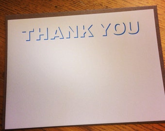 Thank You Letterpress Card -Blue on Natural savoy