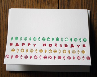 Happy Holidays Letterpress Card ~ ornaments ~ 3 color ~ Handmade ~ FREE shipping ~