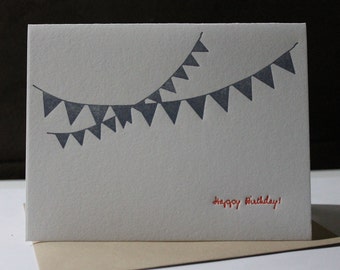 Happy Birthday Letterpress card - Blue Flag Banner ~ Handmade ~ FREE shipping within the US ~