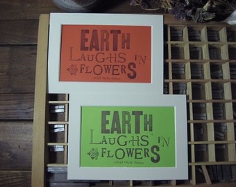 Earth Laughs in Flowers - Ralph Waldo Emerson Letterpress Print Orange and Green