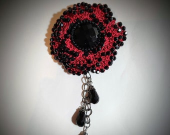 Victorian Flower Brooch, Victorian Mourning, Steampunk Brooch, Gothic Pin, Burgundy Beaded Brooch,Floral lapel pin, Flower hat pin,Shawl pin