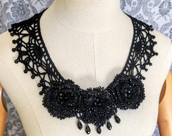 Black Beaded Floral Necklace, Beaded Collar, Victorian Mourning,Steampunk, Gothic Victorian Necklace, Evening Wear, Dark Romance, Wedding