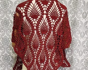 Wedding Shawl, Steampunk Shawl, Victorian shawl, Pineapple Shawl, Lace Crochet Shawl, Civil War, Burgundy Lace Shawl, Pineapple Crochet