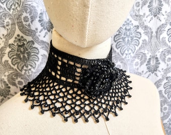 Black Lace Floral Beaded Crochet Choker, Victorian Collar, Steampunk Choker, Gothic Victorian Choker, Vintage Goth Jewelry, Beaded Choker