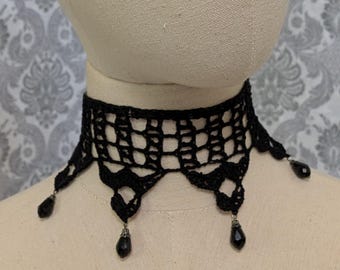 Black Lace Crochet Choker, Victorian Collar, Steampunk Choker, Gothic Victorian Choker, Vintage Goth Jewelry, Vampire Jewelry, Beaded Choker