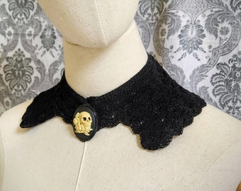 Gothic Skull Collar, Victorian Collar,Vintage Style Collar, Crochet Collar, Peter Pan Collar, Steampunk Choker, Cameo Jewelry, Skull Cameo