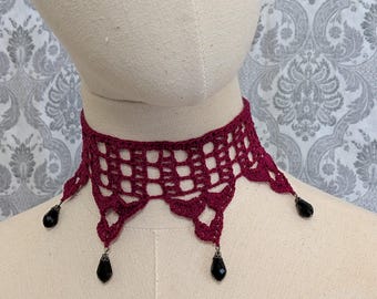 Burguny Lace Crochet Choker, Victorian Collar, Steampunk Choker, Gothic Victorian Choker, Vintage Goth Jewelry, Vampire Jewelry, Bead Choker